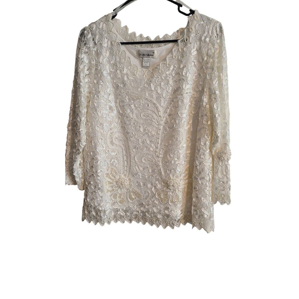 S M Collection Medium Women's Dressy Tan/Ecru Lace Lined Top Set Size Large‎